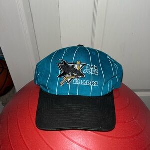 Vintage San Jose Sharks NHL Hockey Teal Starter Pinstriped Snapback Hat Cap